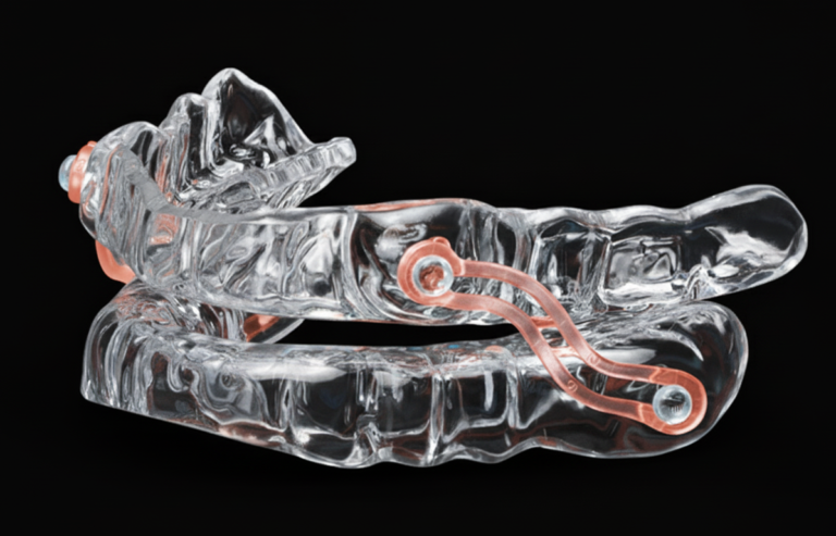 An oral therapy appliance for sleep apnea and bruxism. Image relates to advanced prosthodontic treatment at Bari Dental Clinic, Pune