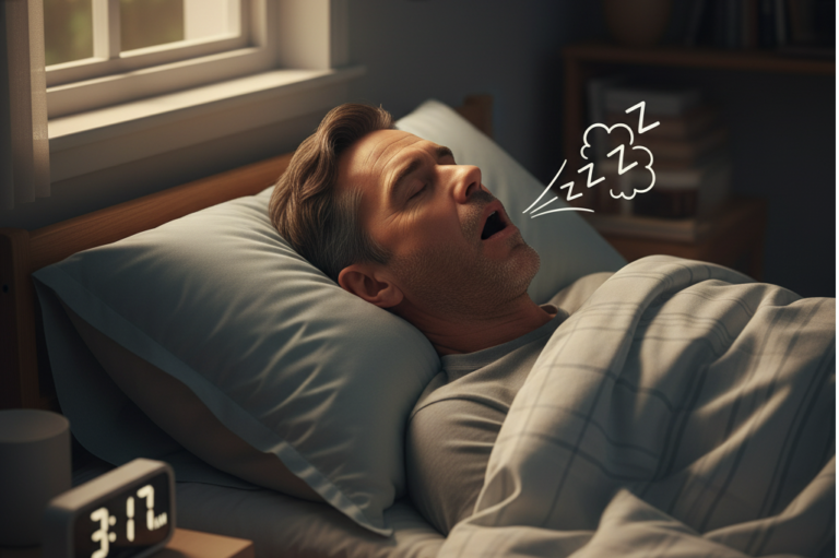 A man sleeping soundly and snoring loudly in bed, illustrating common symptoms of sleep apnea and bruxism. Image relates to advanced prosthodontic treatment at Bari Dental Clinic, Pune
